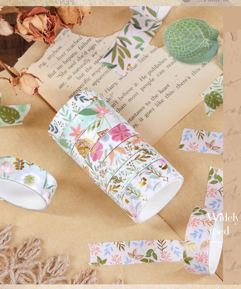 MAFELOE 2 Meters Long 12 Rolls Washi Tape Set, Decorative Adhesive Supplies for Scrapbook Journaling Junk Bullet Art Collage-Floral Print Series-Green (HZ-3Y-SHMJ-01)
