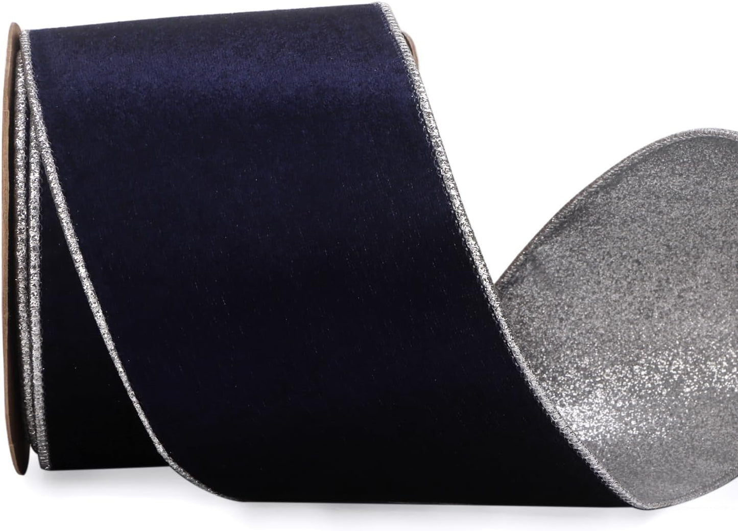Ribbli Navy Velvet Wired Ribbon 4 Inch Navy Velvet with Silver Glitter Christmas Ribbon for Christmas Tree Decoration Big Bow Gift Wrapping Crafts Wreaths Supplies- 10 Yards