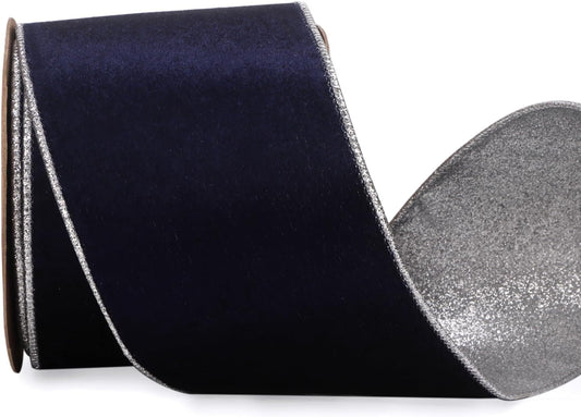 Ribbli Navy Velvet Wired Ribbon 4 Inch Navy Velvet with Silver Glitter Christmas Ribbon for Christmas Tree Decoration Big Bow Gift Wrapping Crafts Wreaths Supplies- 10 Yards
