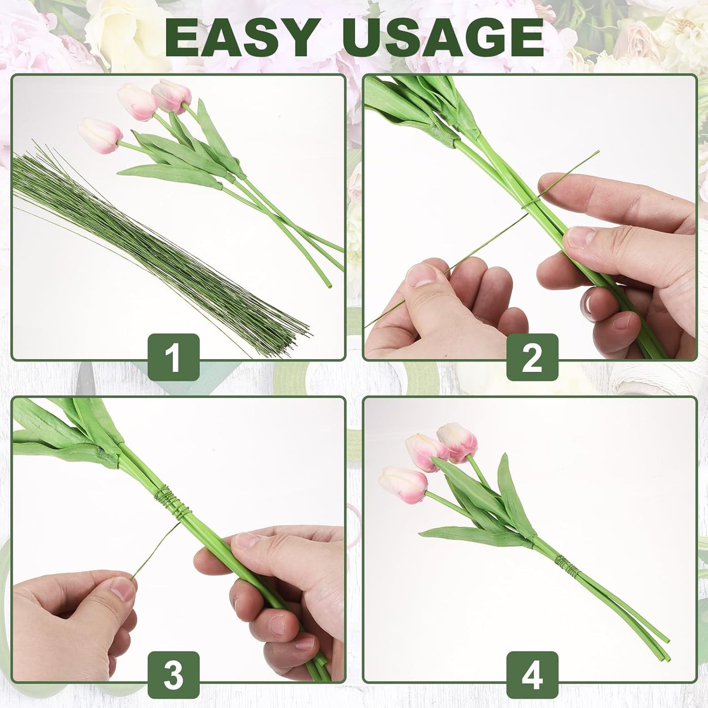 PATIKIL 32 Inch 22 Gauge Floral Stem Wire, 4 Pack/160 Pieces Bouquet Stem Paper Wrapped for DIY Crafts Flower Arrangements, White