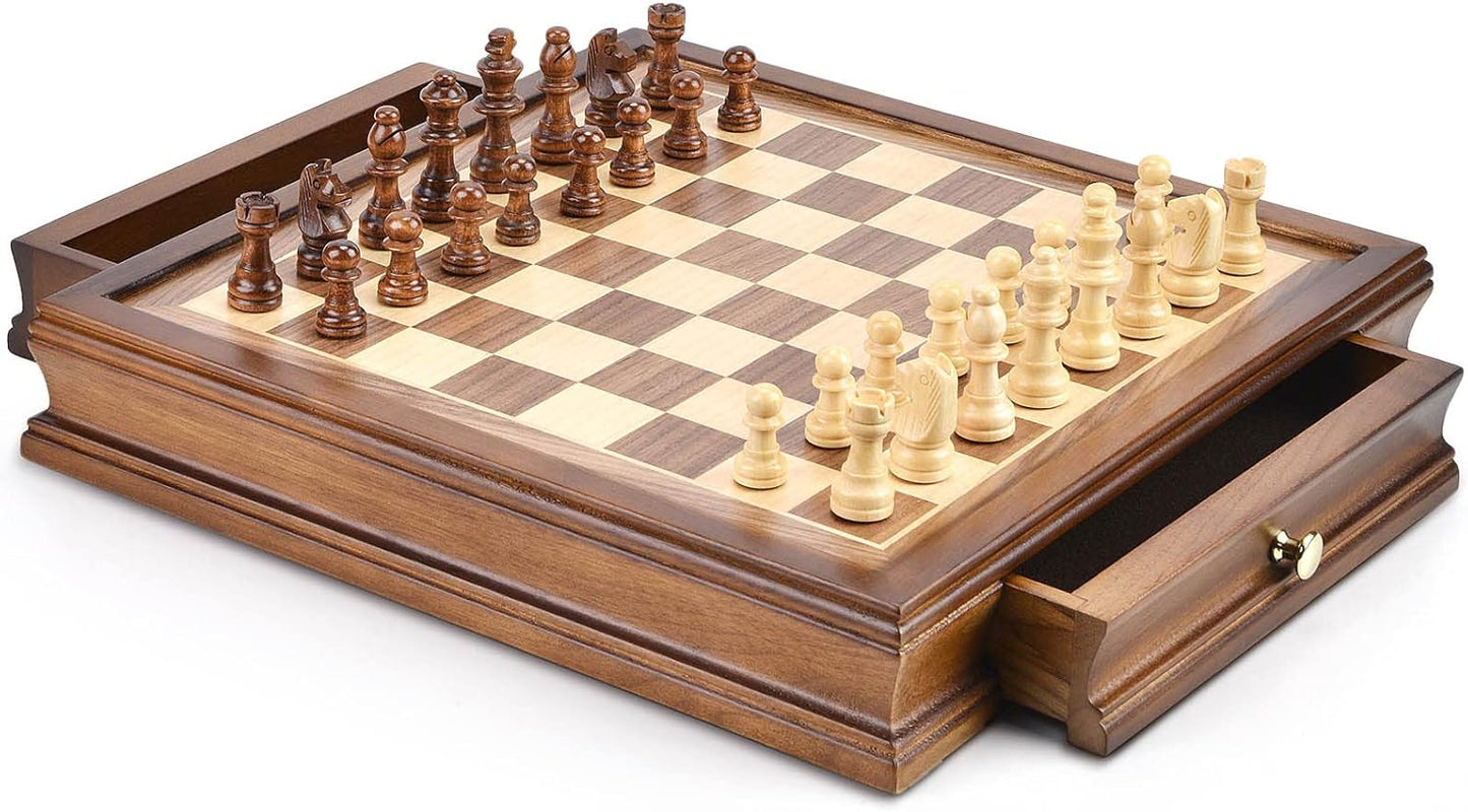 AMEROUS 12.8" x 12.8" Magnetic Wooden Chess Set with 2 Built-in Storage Drawers - 2 Bonus Extra Queens - Gift Packaging - Staunton Chess Pieces, Board Games Chess Sets for Adults and Kids