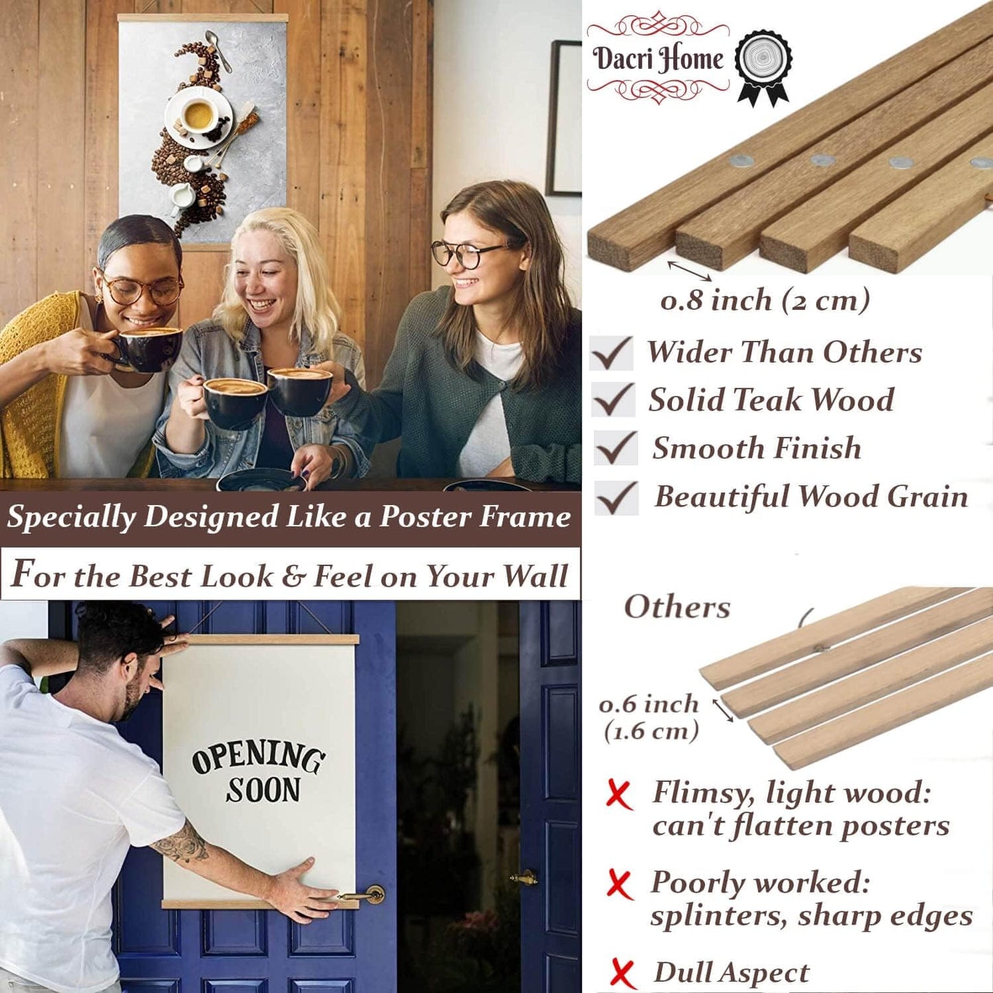 DACRI HOME Magnetic Poster Hanger Frame, Magnetic Poster Frame with Sturdy Teak Wood, Strong Magnets for Hanging Pictures, Maps, Scroll Wall Art, 18x18 18x24 18x27 (18 Inch, Natural Wood)