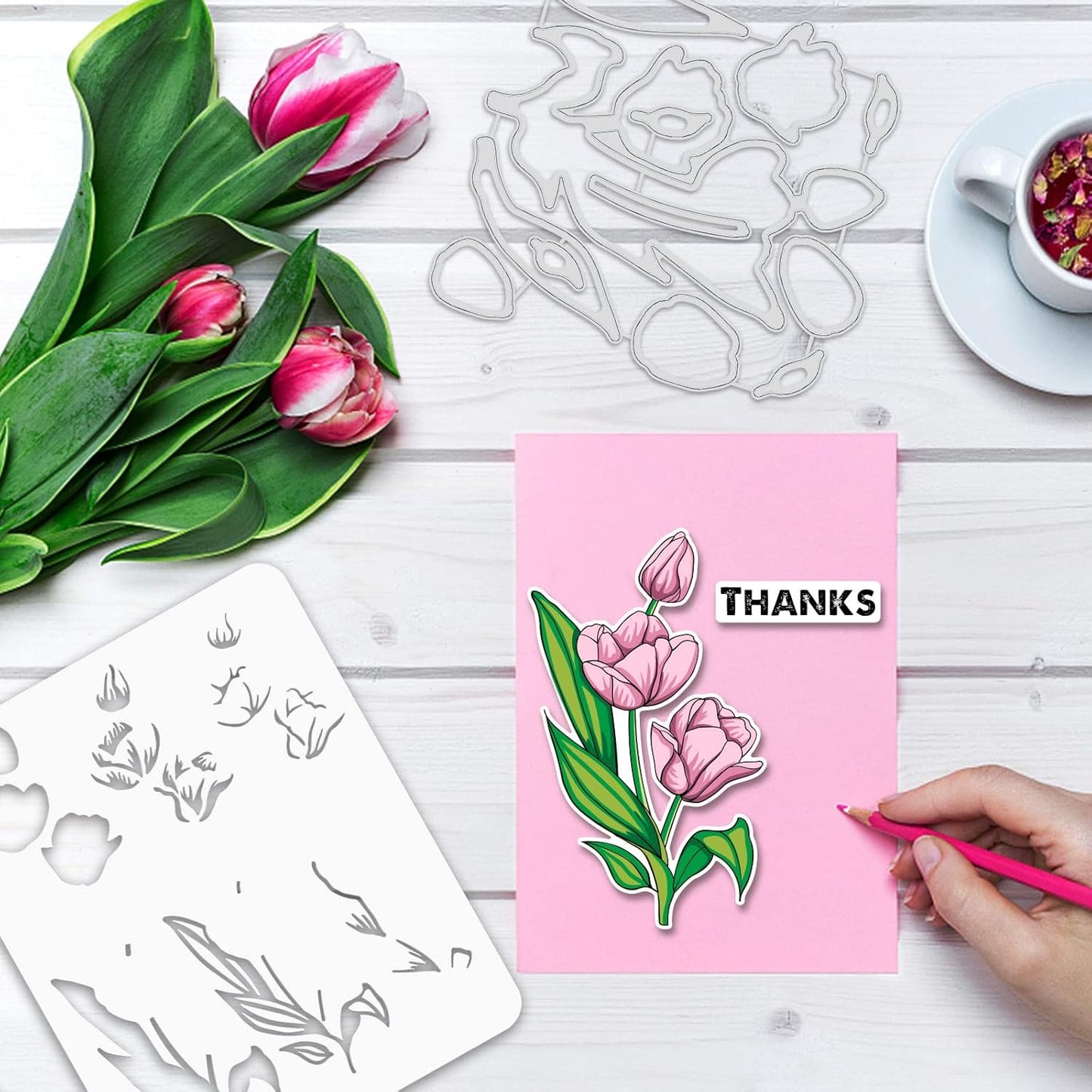 ORIGACH Realistic Tulips Stamps and Die and Layering Coloring Stencil Bundle for Card Making Album Arts Crafts Supplies