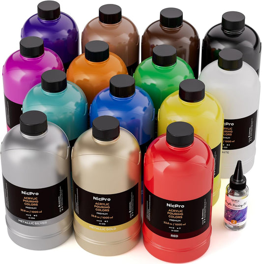 Nicpro 14 Colors Large Bulk Acrylic Pour Paint Set (33.8 oz,1000 ml) Premixed High Flow Art Pouring Paint Supplies Kit with Silicone Pour Oil, Gloves for Beginner Cell Creation Flow DIY, Ready to Pour