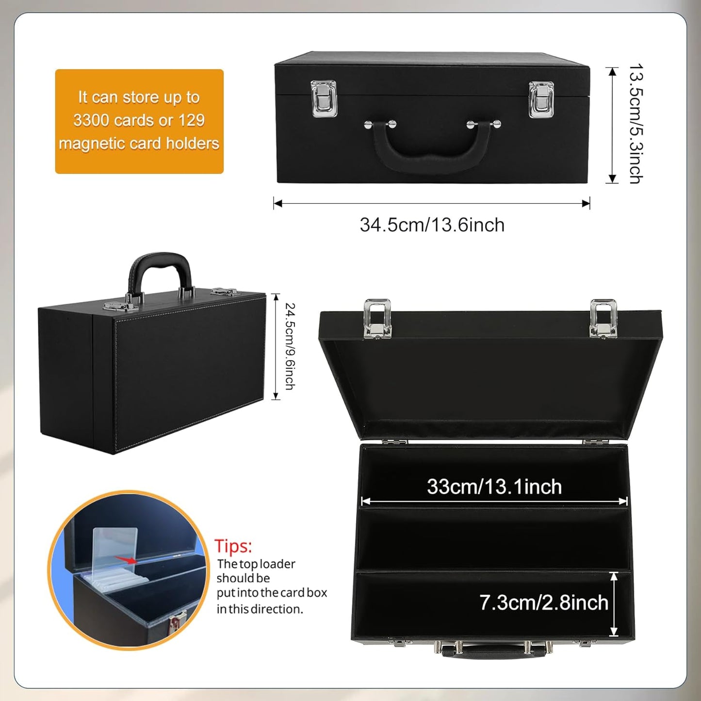 Card Storage Box for Trading Cards，3300+ Card Deck Case for Trading Cards,Leather Closure Commander Card Storage Box,Protectors Fit for YuGiOh, MTG and Sport Cards. (Black, 3300+)