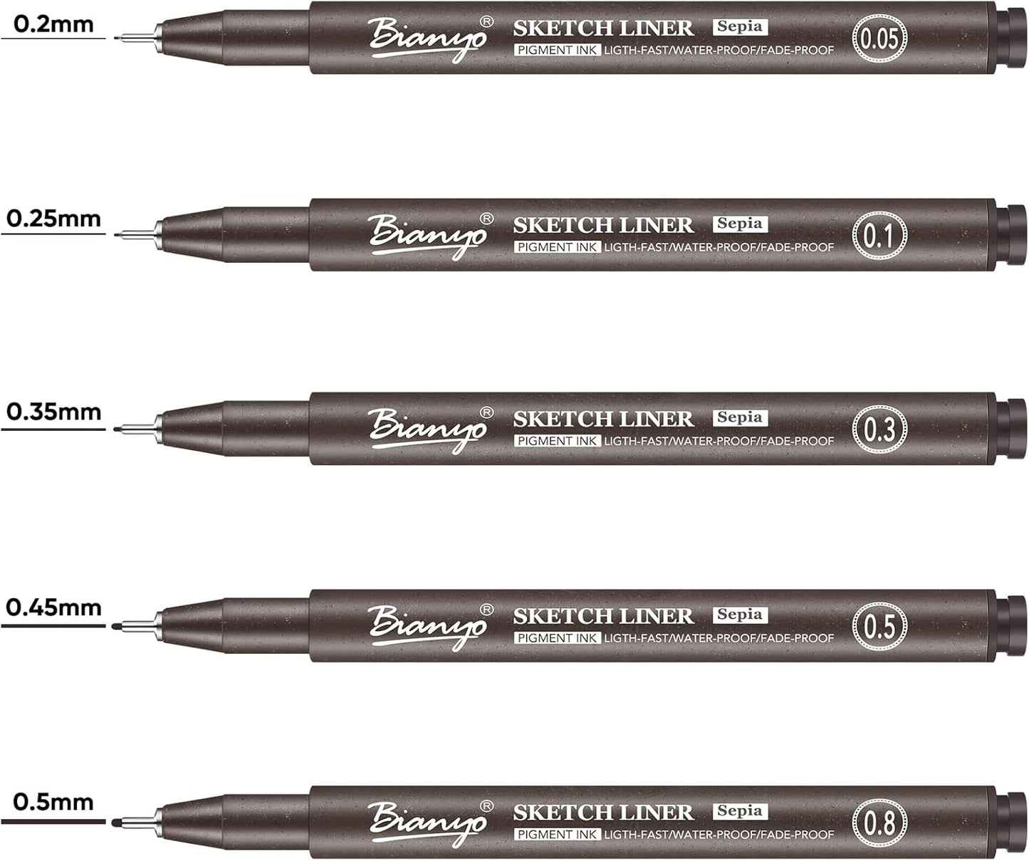 Bianyo Sepia Tone Art Pen Set, 5 Assorted Tips - Warm Pigment Ink Sketch Liner for Vintage Sketching, Nature Illustrations, and Elegant Calligraphy, Water-Resistant and Archival Quality