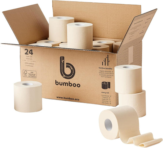 Bumboo Bamboo Toilet Roll 24 Pack | Unbleached Toilet Paper 3 ply, 300 Sheets | Eco Toilet Rolls | Plastic-Free, Soft, Strong & Sustainable Toilet Tissue, Beige