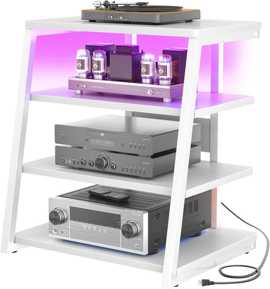 Armocity 4-Tier AV Media Stand with Power Strips, Stereo Stand with LED Lights, Audio Tower Rack with Adjustable Shelves, Small Entertainment Center, 30'', White