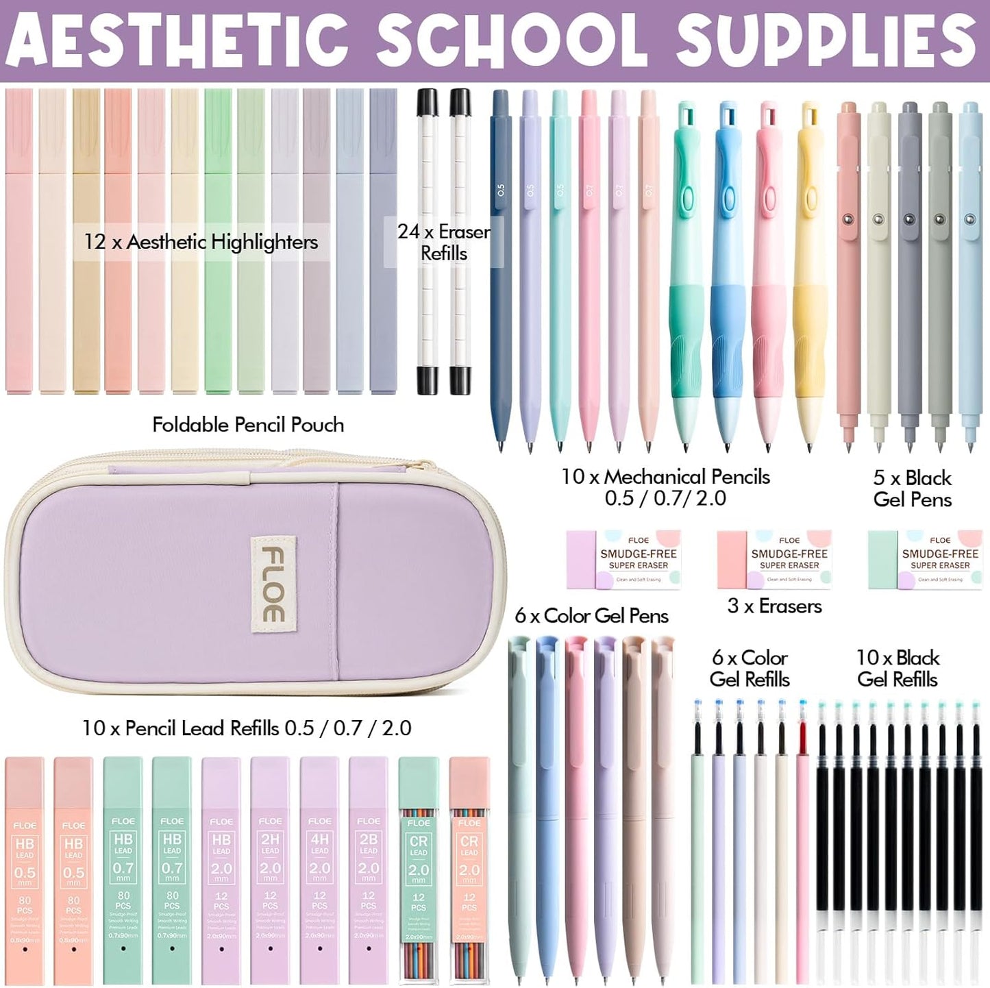 65PCS Aesthetic School Supplies with Cute Pencil Case, Pastel Highlighters Gel Pens Mechanical Pencils Set 0.5 0.7 & 2.0mm, Office Back to School Supplies College Essentials Kit Student Stationary Set