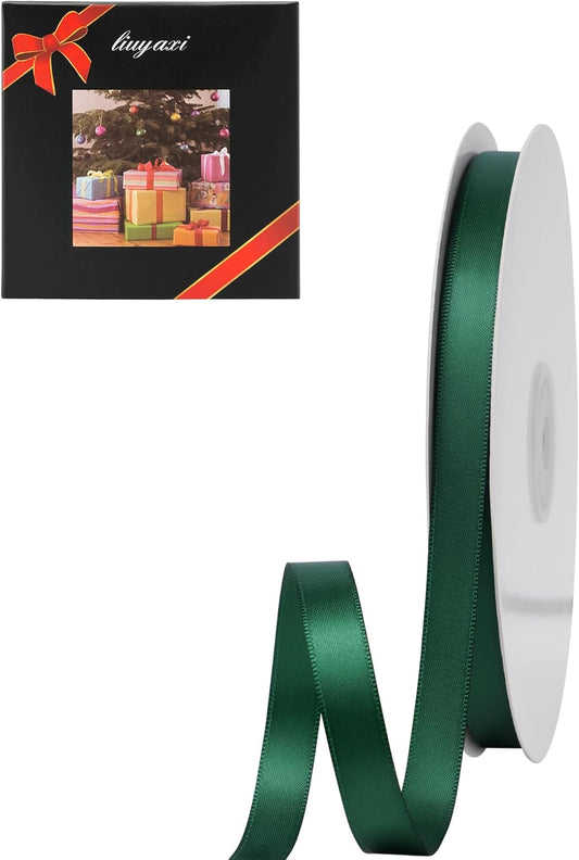 LIUYAXI Forest Green Double Faced Satin Ribbon, 3/8" X Continuous 25 Yards, Ribbons Perfect for Gift Wrapping Bows Bouquet Wedding Decor DIY Craft and More