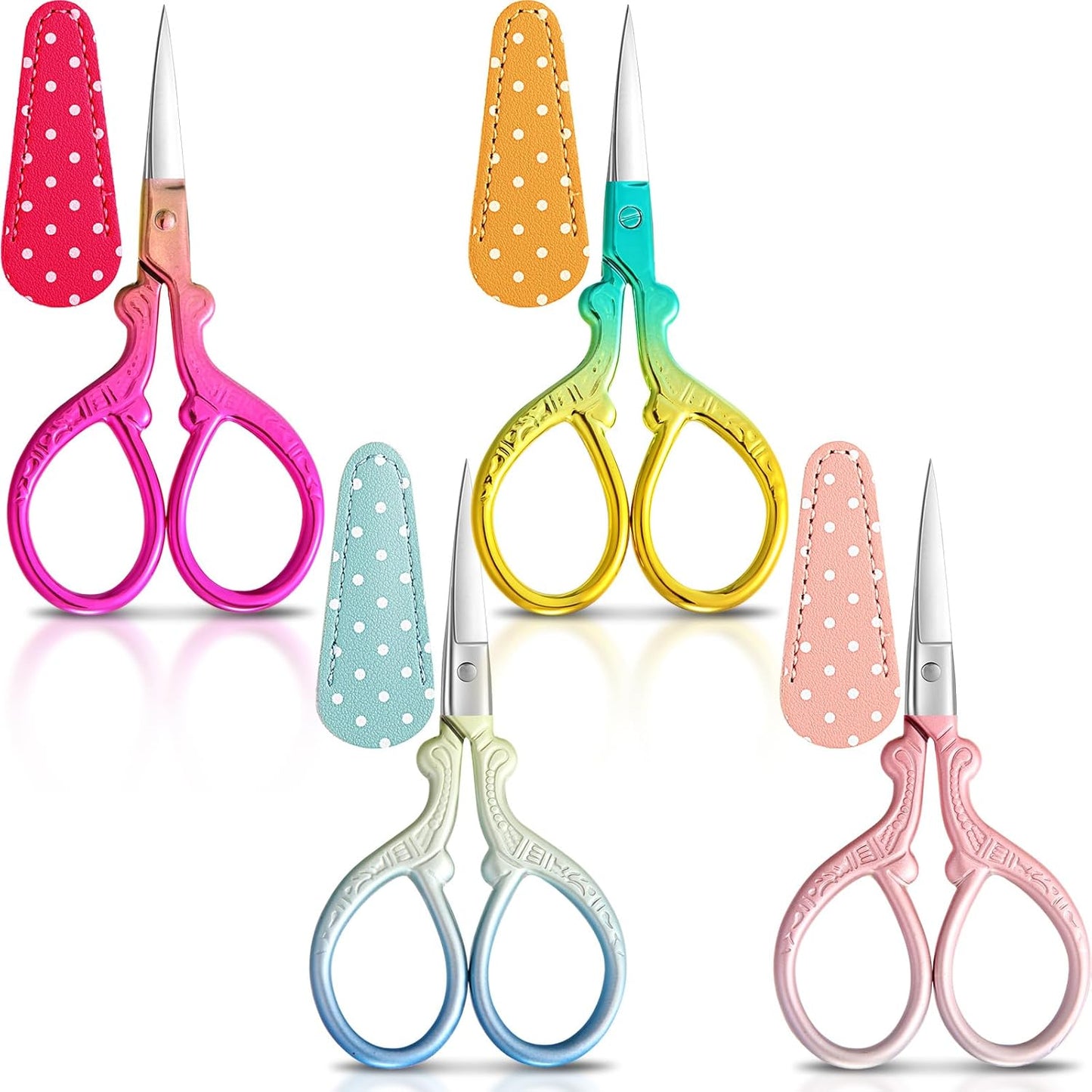 Honoson 4 Pcs Sewing Embroidery Scissors with 4 Pcs Artificial Leather Cover 3.6 Inch Stainless Steel Stork Scissors Vintage Embroidery for Needlework Manual Sewing Handicraft(Classic Colors)