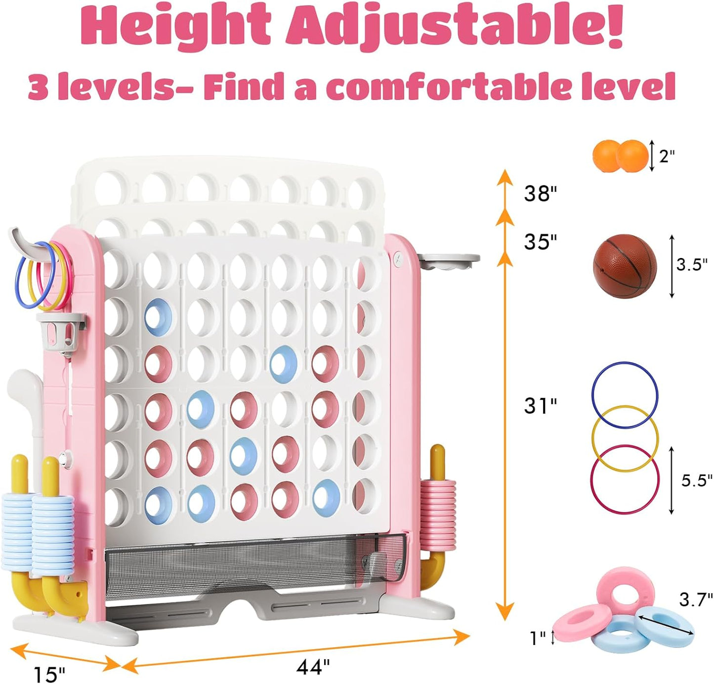 Giant 4 in a Row Connect Game with Mesh Fabric | Height Adjustable 4-in-1 Jumbo 4-to-Score Yard Game Set with Basketball, Golf & Ring Toss | Outdoor Indoor Family Party Game for Kids & Adults, Pink