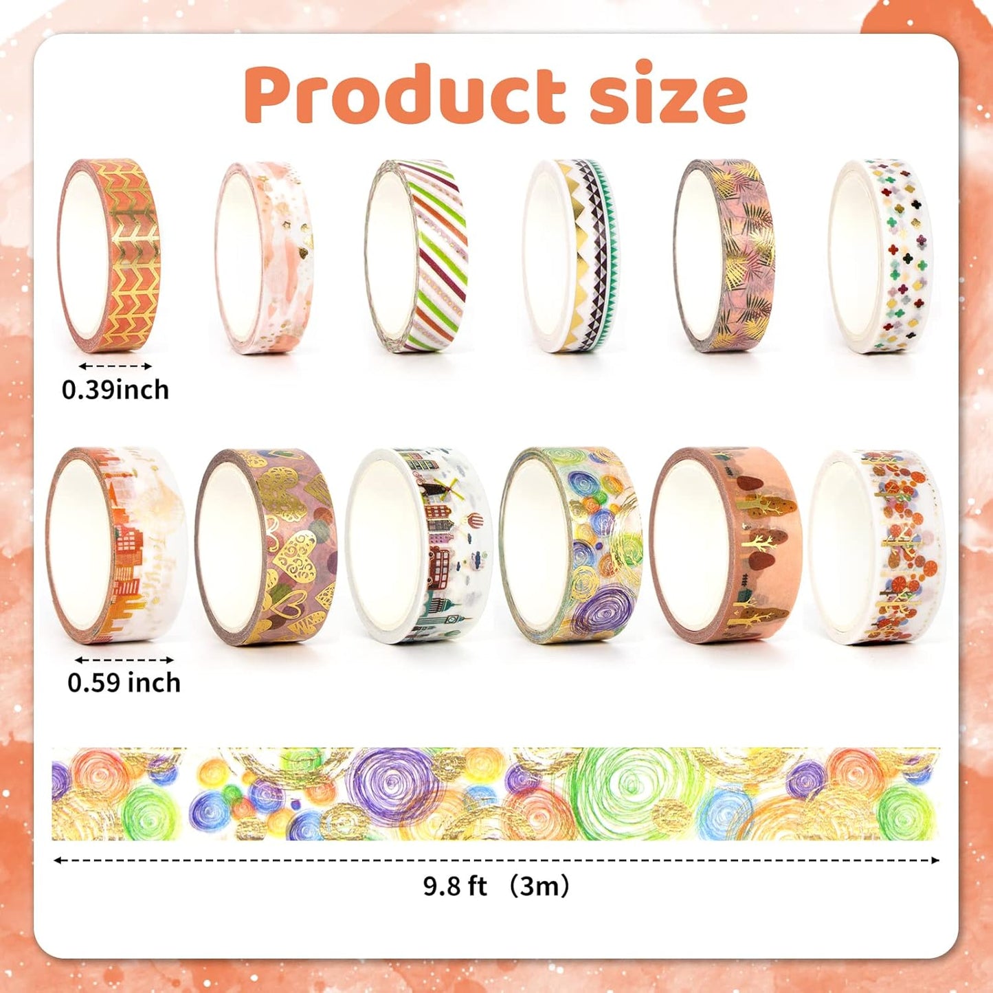 MPOPUUL Gold Foil Washi Tape Set 12 Rolls - Blooming Masking Tape, Decorative Tape for Bullet Journals Supplies, Gift Wrapping, DIY Crafts, Scrapbooking, Planners