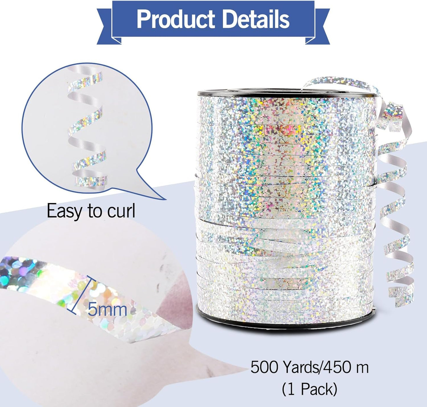 500 Yard Silver Curling Ribbon, 3/16" Christmas Shiny Curly Ribbons for Gift Wrapping, Balloon String Ribbon for Balloons, Gift Wrap Bows Ribbons for Graduations Anniversary Festival Party Decorations