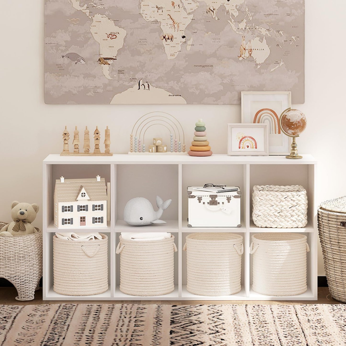 Wooden 8 Cube Storage Organizer with Closed Back Panel,White Shelf Heavy Duty Cubby Storage Organizer with Compartments for Living,Display Shelf,Bookshelf (White, 8-Cube)