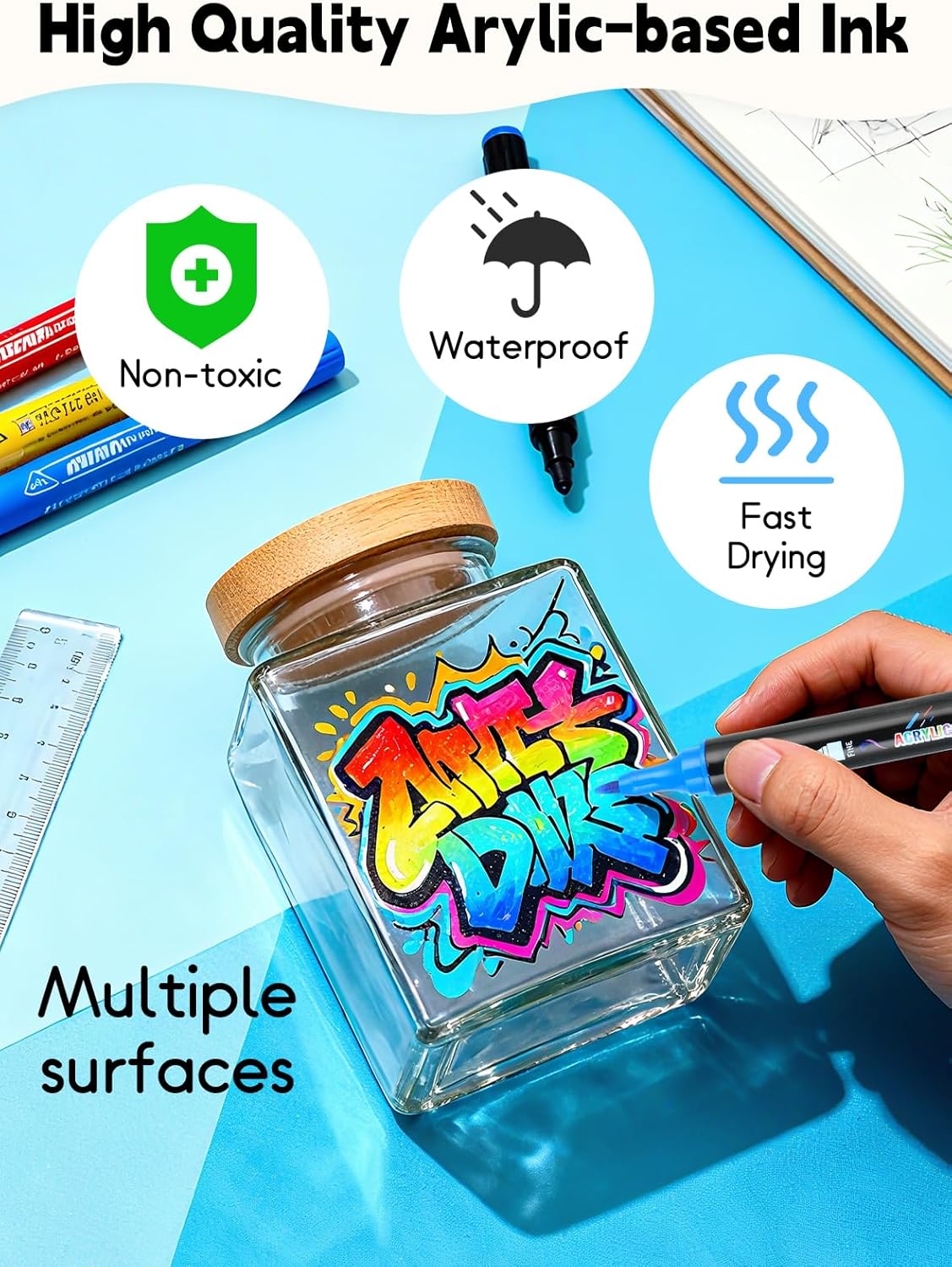 60 Colors Acrylic Paint Markers, Dual Tip Acrylic Paint Pens with Brush and Fine Tips for Kids, Adults, Wood, Canvas, Stone, Rock Painting, Glass, Ceramic Surfaces, DIY Crafts Making