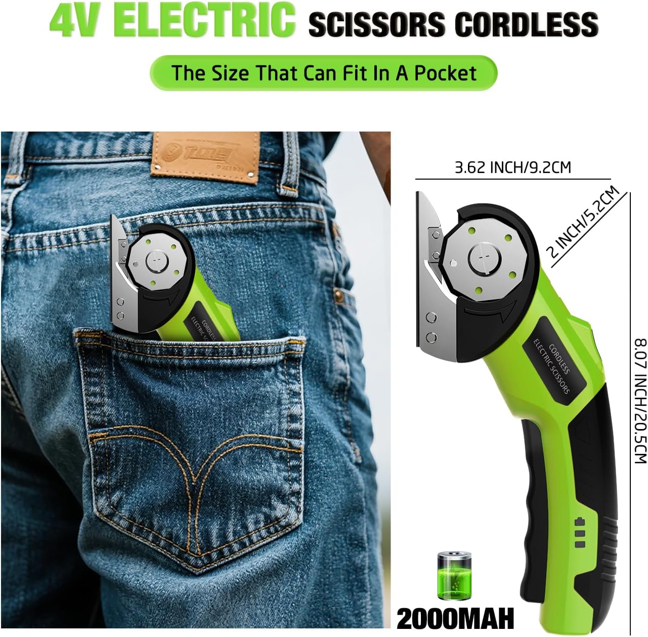 Cordless Electric Scissors：4V Rechargeable Cardboard Cutter, 3 Blades, Safety Lock & LED Light, Box Cutter for Carton Carpet Plastic Fabric Leather (Green)