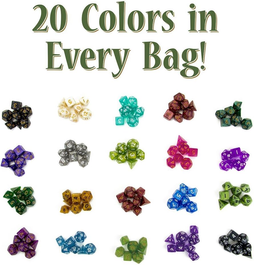 Wiz Dice Mini DND Dice Set - 140 Pieces Total (20 Sets of 7 Dice in Unique Colors) & Storage D&D Bag-Polyhedral Role Playing Dice - Perfect DND Accessories for TTRPG Dice - Hafling's Haversack