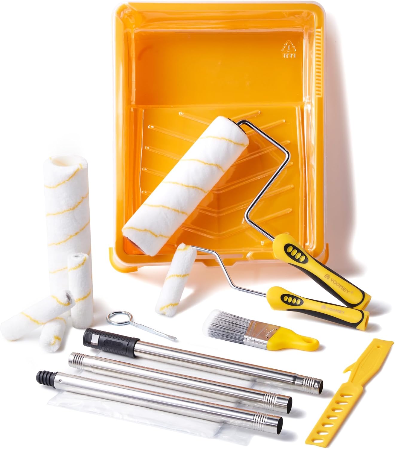 VOOMEY Paint Roller Kit with Extension Pole - 9 Inch Paint Roller with Tray, Mini Paint Roller 4 inch, Small Paint Brush, 16 Piece Complete Painting Tool Set Suitable for House & Wall Painting