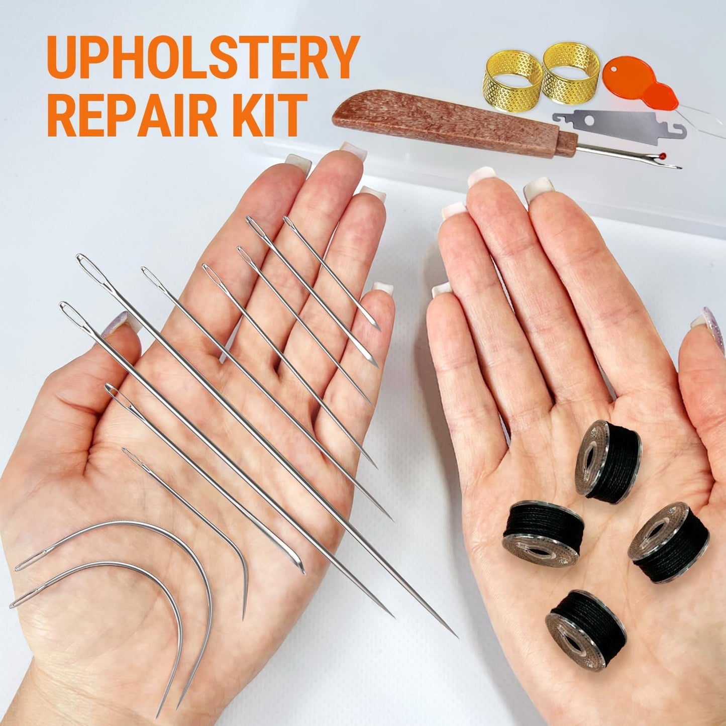 VONEEDL Heavy Duty Sewing Needles (11 PCS) & Waxed Thread (Black Color - 4 Rolls) - Upholstery Repair Kit for Leather, Canvas, Quilting & More