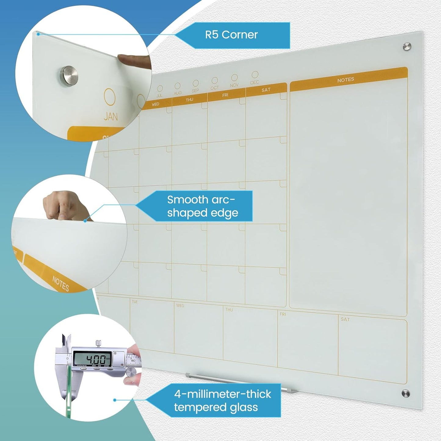 Magnetic Glass Whiteboard Calendar 48"x36" Glass Dry Erase Calender Board 36"x48" Monthly Plan White GlassBoard Wall Mounted for Office School Home (White)