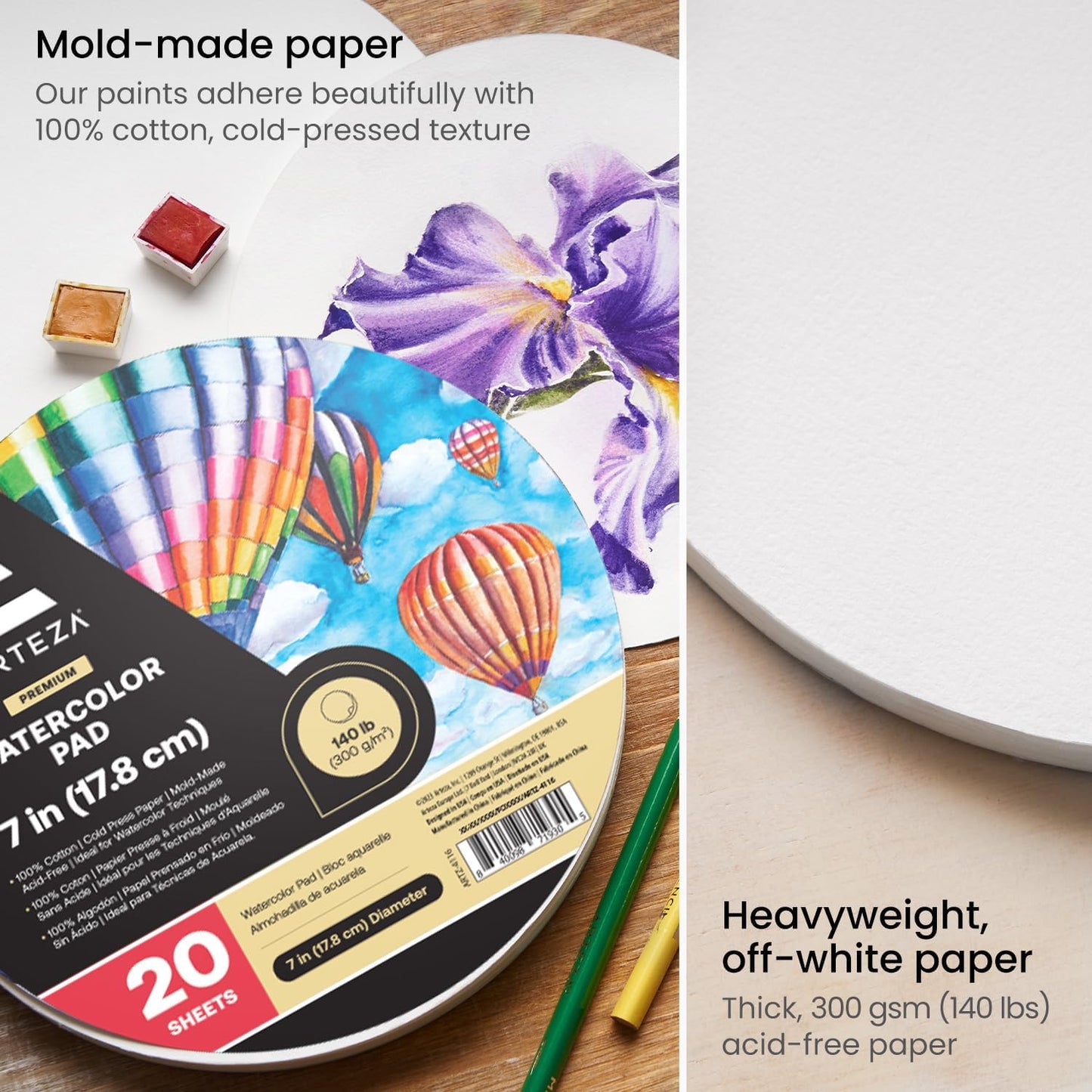 ARTEZA Watercolor Paper, 20 Sheets, 7 Inch Diameter Round Paper Pads, 140lb/300gsm, 100% Cotton, Cold Press, Acid Free Art Paper