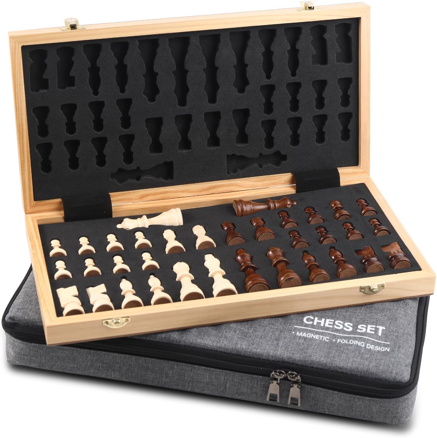 Wooden Chess Set with Folding Board - 15" Classic Magnetic Chess Set with Protective Bag for Adults, Chess Lovers Tournament Professional Beginner