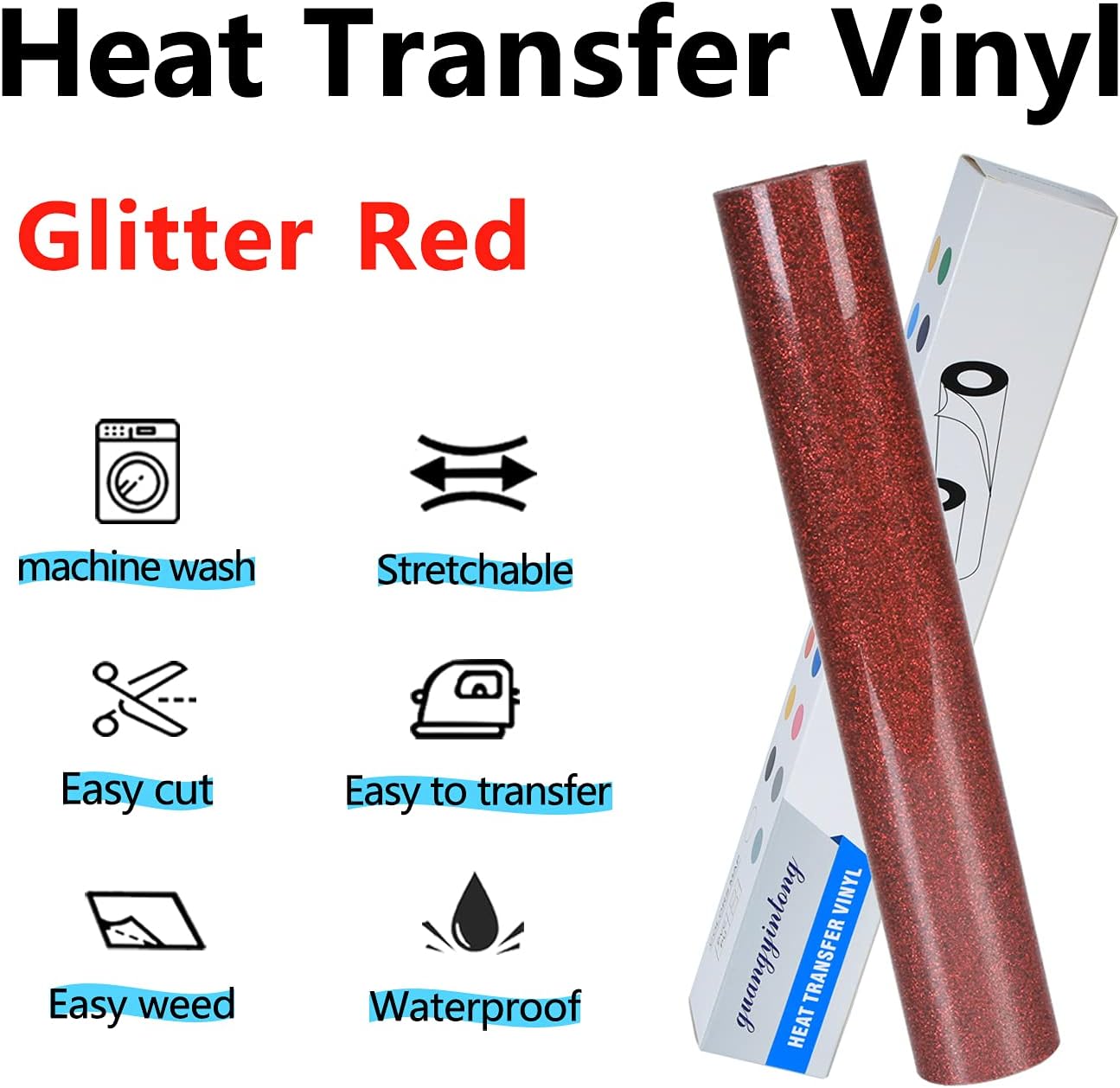 guangyintong Glitter Red Heat Transfer Vinyl HTV Rolls, 12" x 8ft Iron on Vinyl for T-Shirts Glitter Red HTV Vinyl for All Cutter Machines Easy to Cut & Weed for Heat Vinyl Design