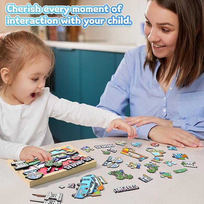 Art Crafts Gift for Kids 4-8ages 3D Wooden City Landmark Series Frame Kit for Kids - DIY Los Angeles Cartoon Style Puzzle Toys Perfect Wall Art and Tabletop Decoration