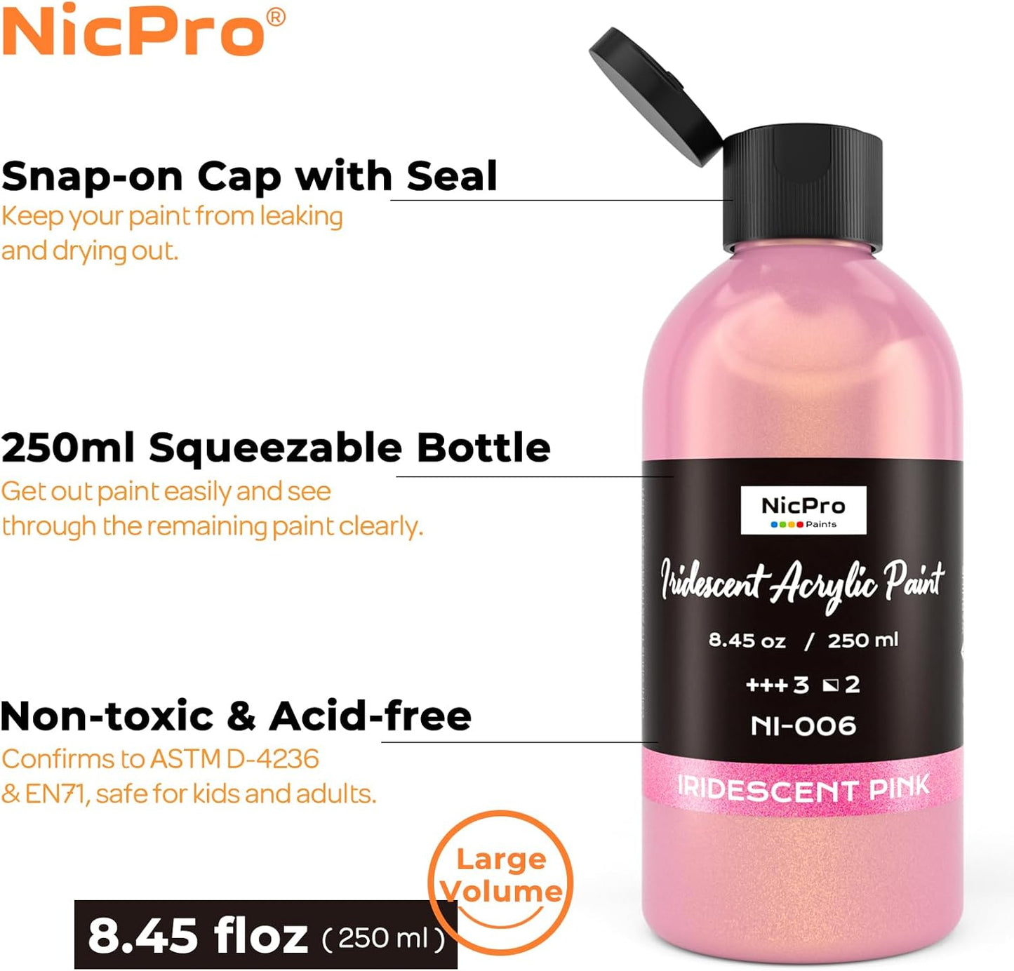 Nicpro Iridescent Pink Acrylic Paint, 8.45oz / 250ml Large Bottle Pink Metallic Acrylic Paint, Color Shifting & Non-Toxic Art Painting Supplies For Craft Canvas Fabric Rock Wood Ceramic Metal