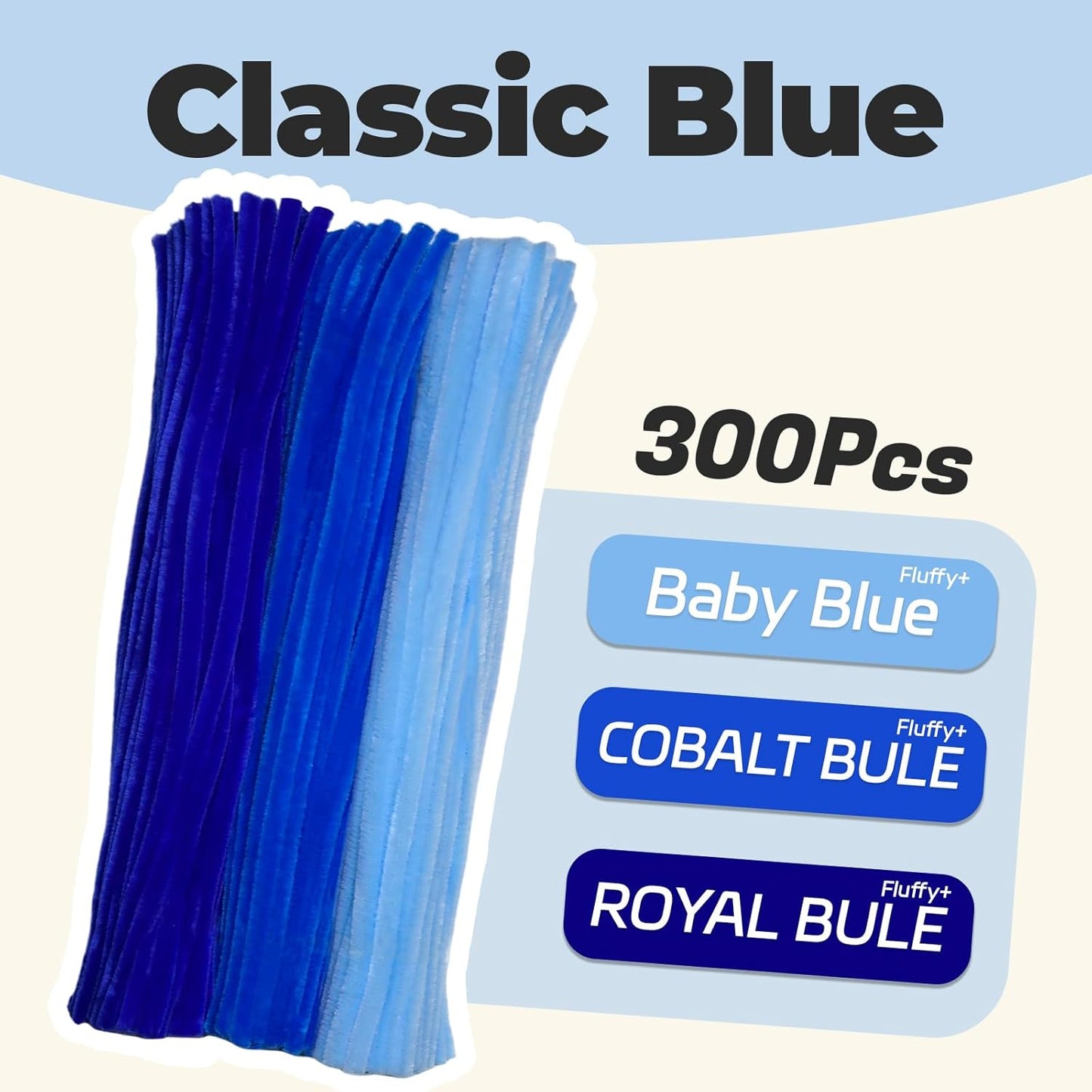 Blue Color Trio Pipe Cleaner Set - 300pcs, Thick Fluffy Chenille Stems for Arts & Crafts, Perfect for Making Animals, Flowers, and Festive Decorations(12 inches x 0.24 inches)
