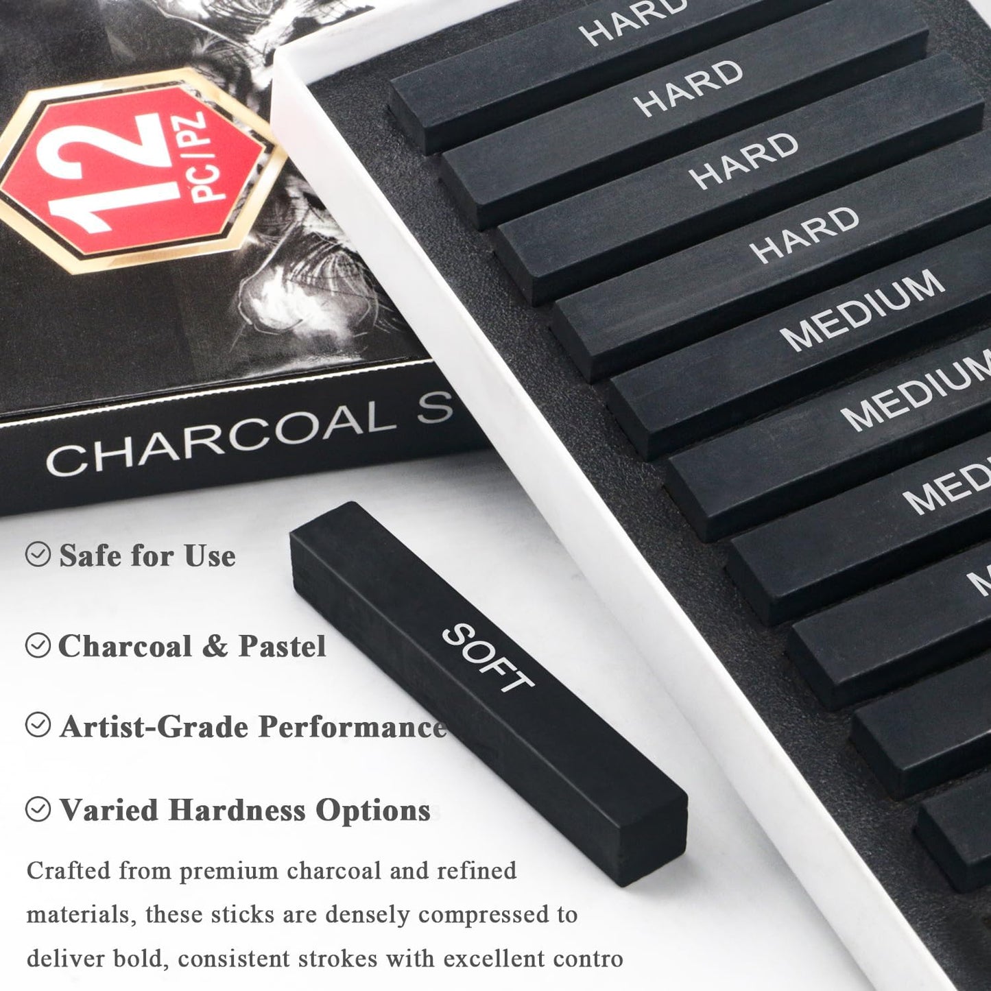 Compressed Charcoal Sticks Set of 12 – Soft, Medium, Hard Charcoal for Drawing, Sketching & Shading – Art Supplies for Artists, Beginners & Adults