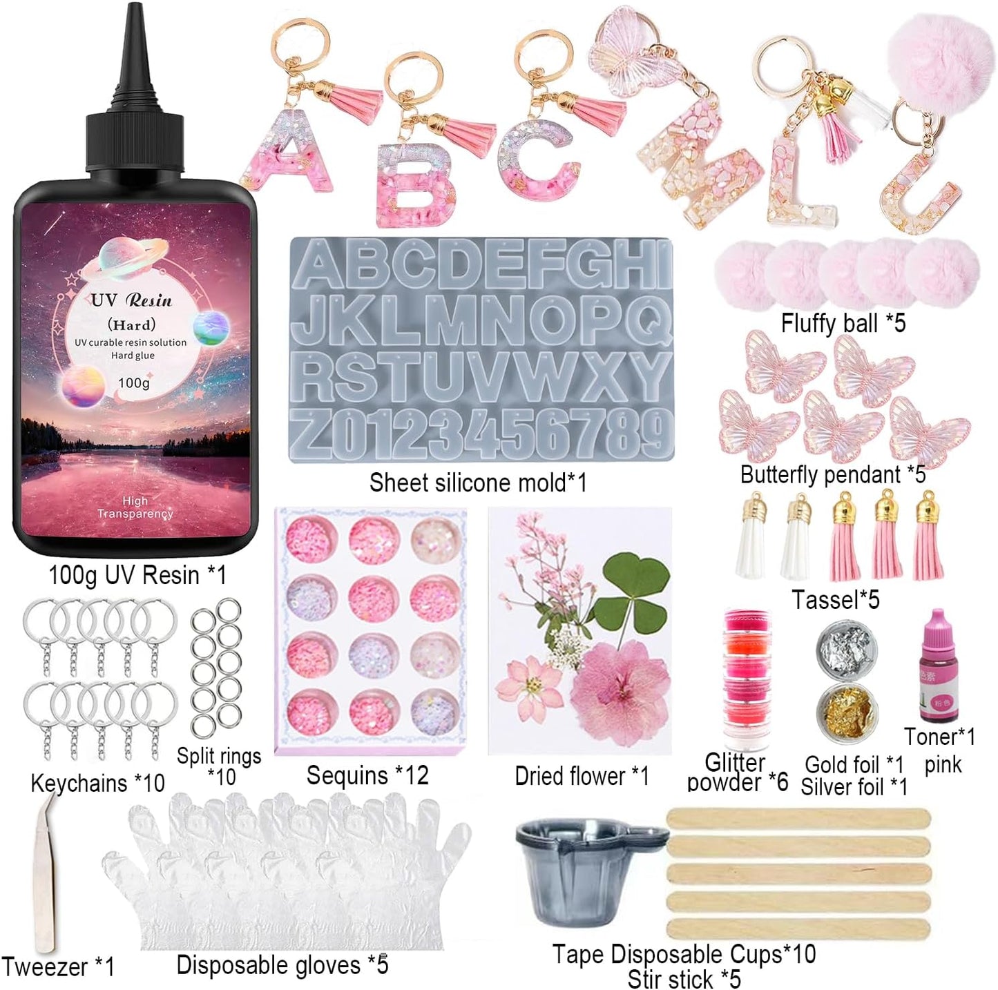 YV-cozx UV Resin Jewelry Making Kit,Crystal Clear Resin with 26 Letter Molds and Casting Tools,DIY Jewelry Making Kit for Necklace,Keychain,Earring (Pink Letter)