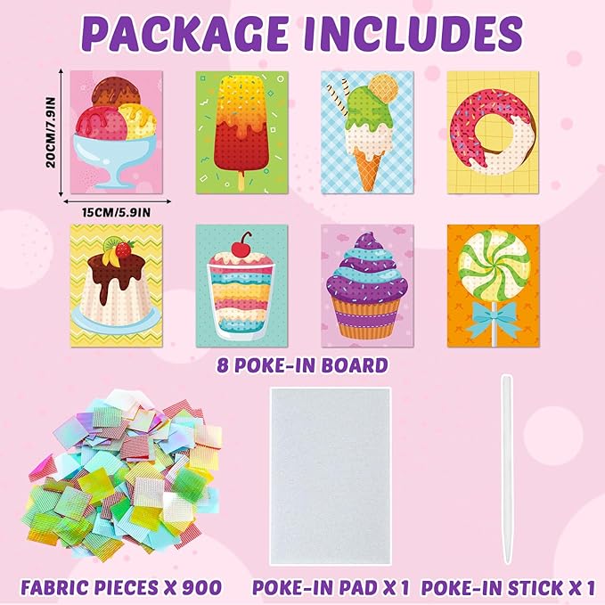 8PCS Poke-in Craft and Art Kit Dessert Cake Theme No-Mess Fabric Sewing Art Puzzle Puncture Painting Ice Cream Donut Toy Gift for Creative Activity Game Birthday Party