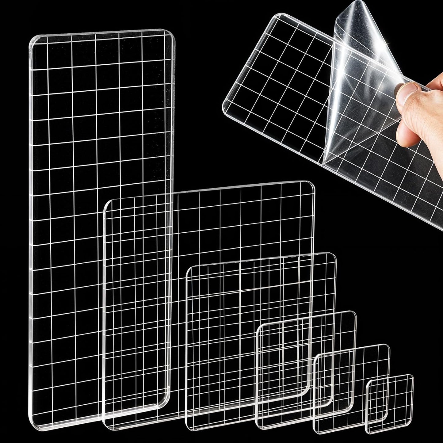 6PCS Acrylic Stamp Block with Grid Lines, Clear Stamping Blocks Tool Decorative Stamp Blocks Square Display Block Set Props for DIY Crafts Scrapbooking Card Making