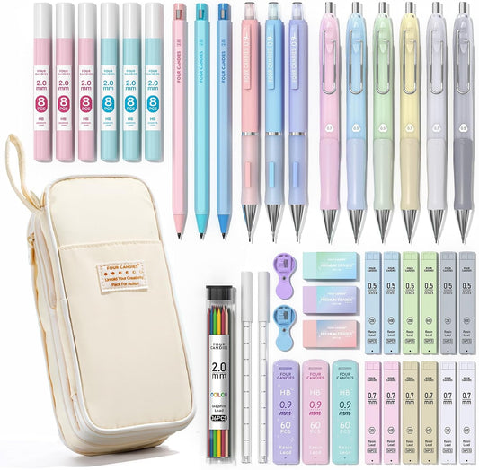 Four Candies 42PCS Aesthetic School Supplies, Mechanical Pencil Set 0.5mm, 0.7mm, 0.9mm, 2.0mm with 696 Lead Refills, Pastel Mechanical Pencils for Writing, Drawing & Drafting (Cream)
