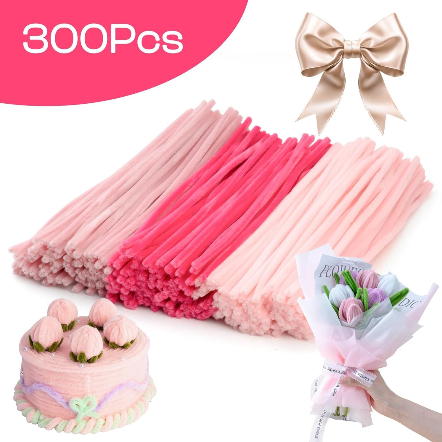 Caydo 300 Pieces Pink Pipe Cleaners, Thick Fluffy Chenille Stems, Pipe Cleaner Crafts for Arts & Crafts, Perfect for Making Animals, Flowers, and Festive Decorations