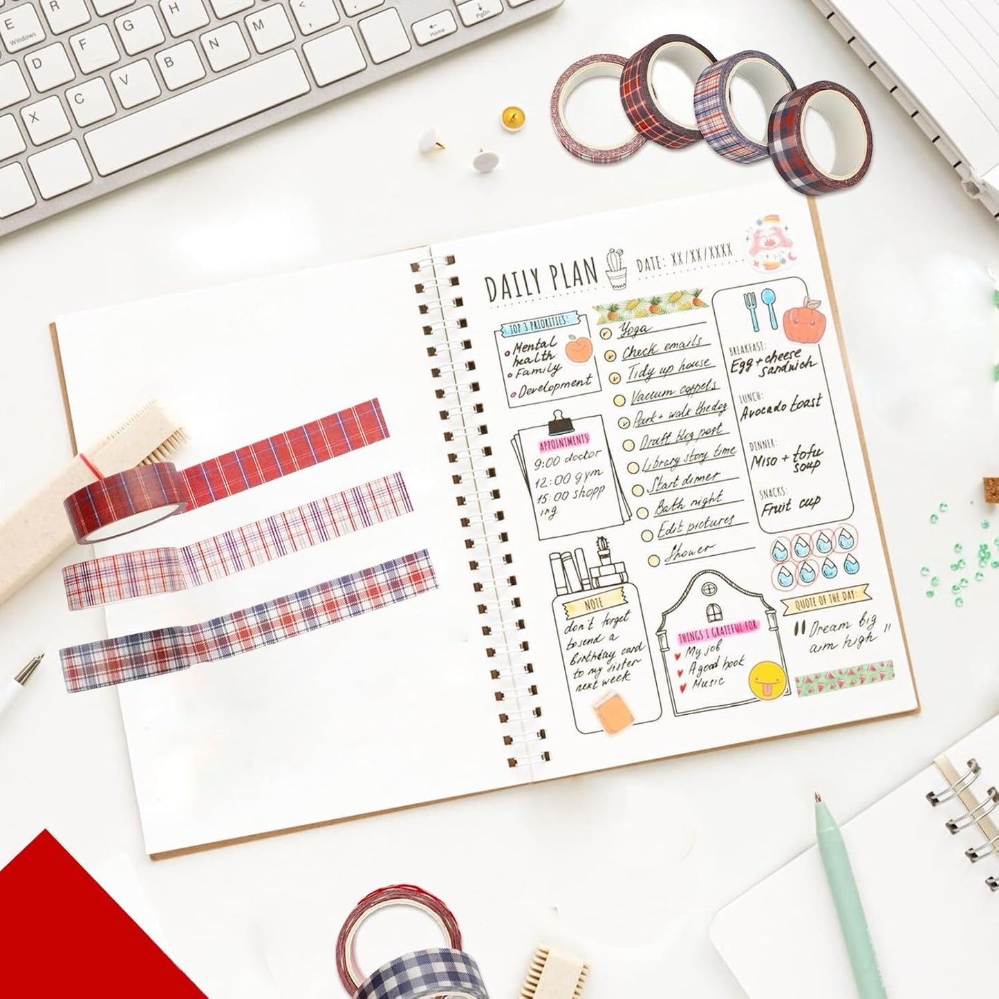 12 Rolls Basic Grid Washi Tape Set, Red Blue White Plaids Decorative Paper Stickers for Thanksgiving Christmas Independence Day Scrapbook Journaling DIY Art Crafts Gift Wrapping 16.4FT