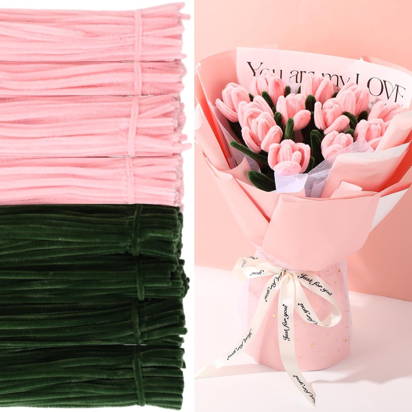 DaisyInner 700 Pcs Halloween Fall Pipe Cleaners Craft Bulk Pastel Chenille Stems Flower DIY Gradient Colored Fluffy for School Classroom Thanksgiving Christmas Party Supplies(Pink,Green)