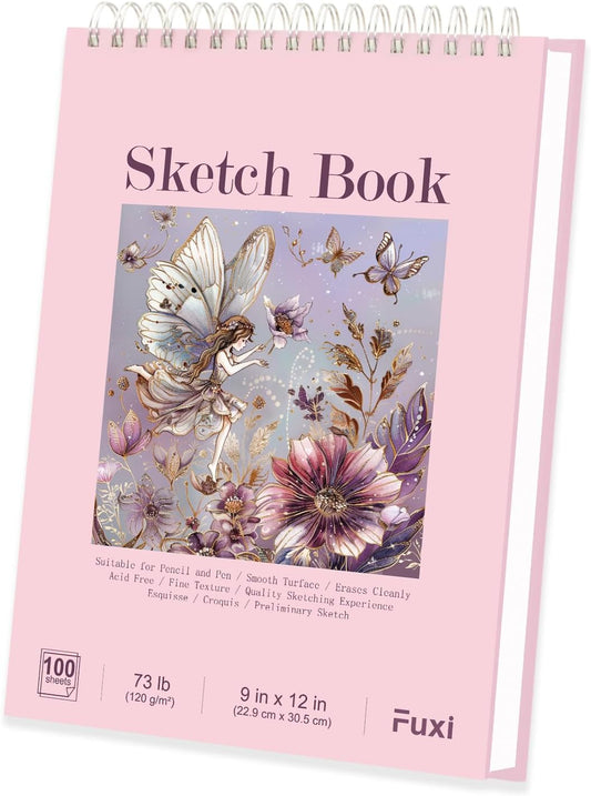 Cute Sketchbook Pink, 9"x12" Sketch Book for Teen Girls, 100 Sheets Girl Sketchbook 73lb/120gsm Drawing Paper for Kids, Art Supplies for Teens 14-16 Girls.