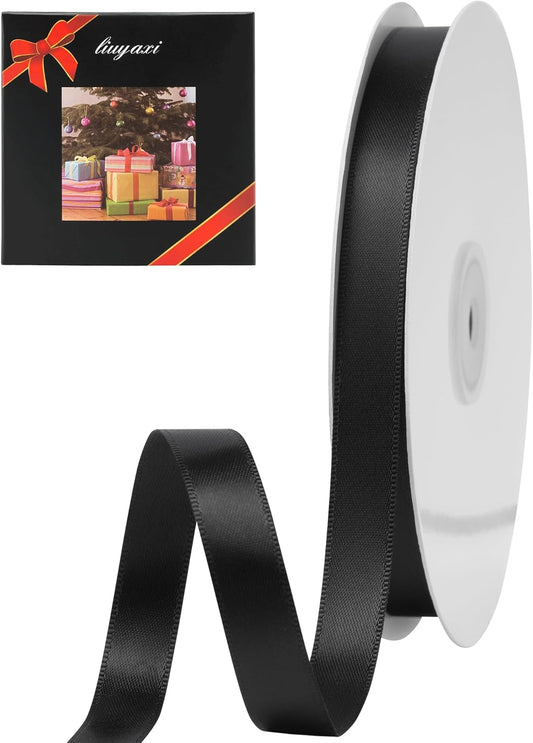 LIUYAXI Black Double Faced Satin Ribbon, 3/8" X Continuous 25 Yards, Ribbons Perfect for Gift Wrapping Bows Bouquet Wedding Decor DIY Craft and More