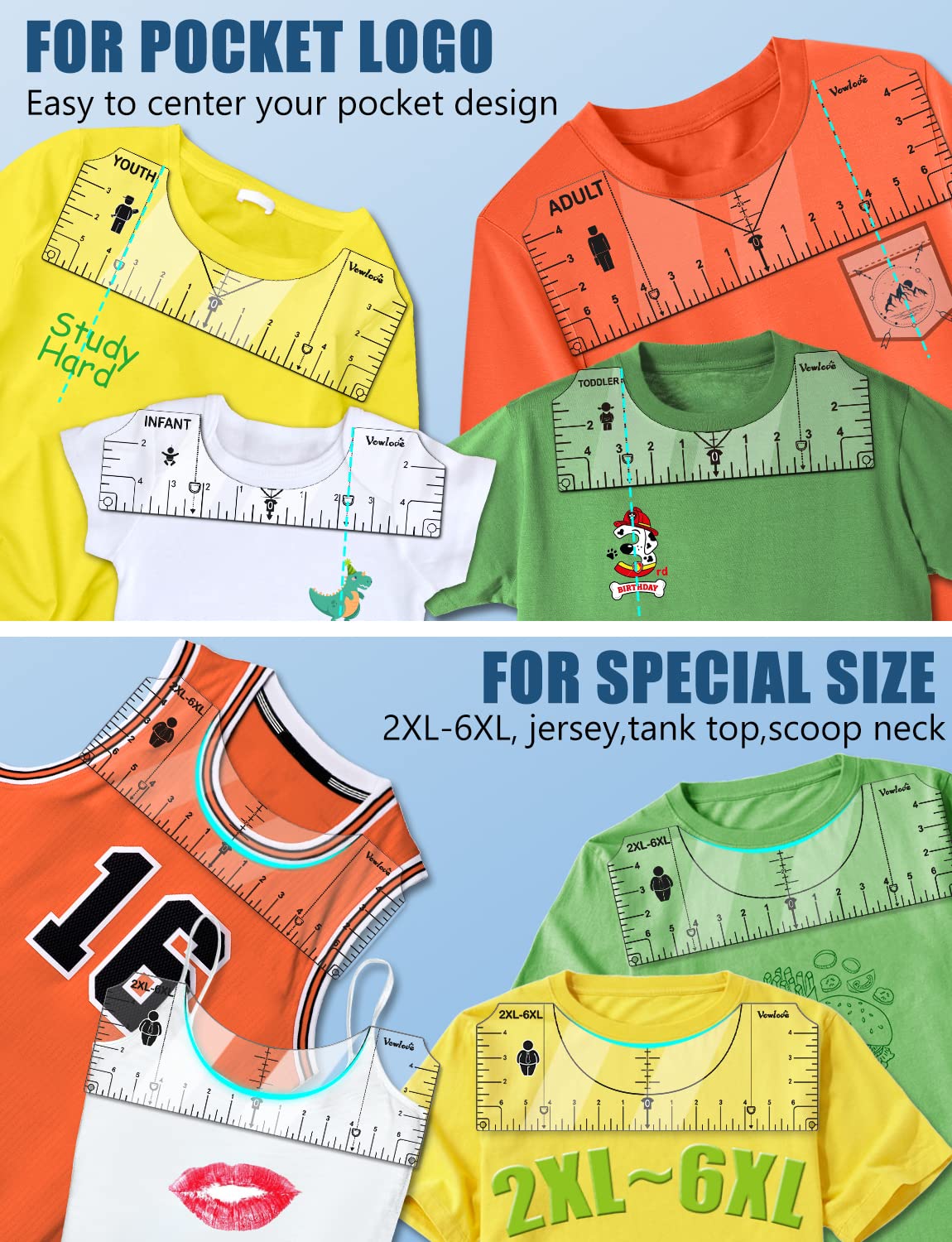 Vowlove Tshirt Ruler Guide for Cricut Heat Press, Shirt Measurement Tool Vinyl Alignment Placement Center Design DTF Template Left Pocket Logo, Sublimation Accessories Iron on HTV Heat Transfer Vinyl