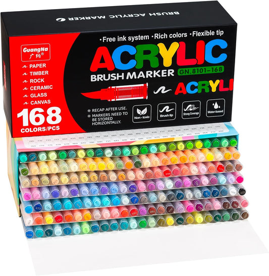 Acrylic Paint Markers Pens, 168 Vivid Colors Acrylic Markers Set,Direct Liquid Type, Stackable Color, Odorless Soft Head，Markers for School，Tooli Art ，Fabric & Creative Crafts (168)