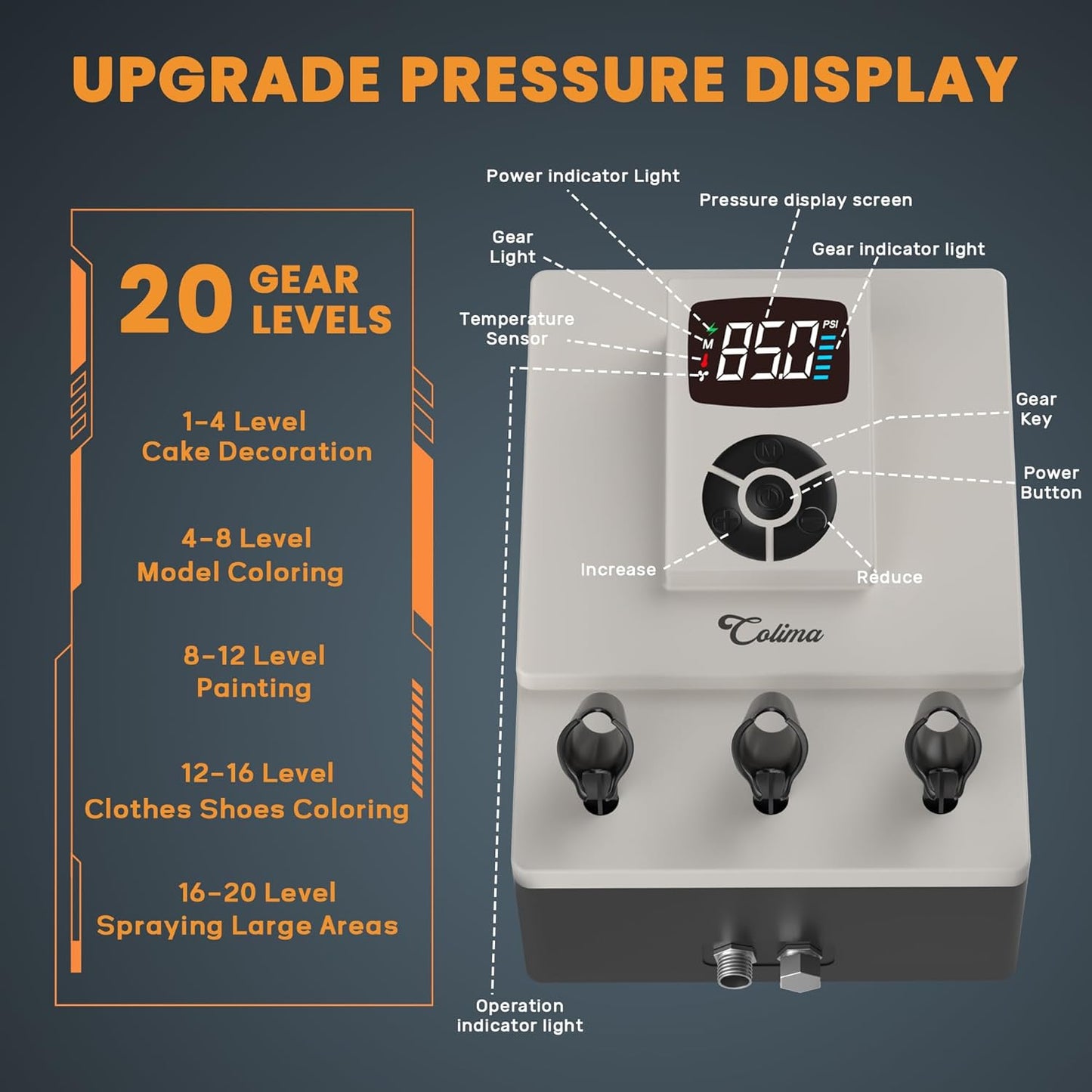 Colima Professional Airbrush Compressor – 85 PSI High-Performance, Ultra-Quiet, with Precision Pressure Control – Ideal for High-End Airbrushes