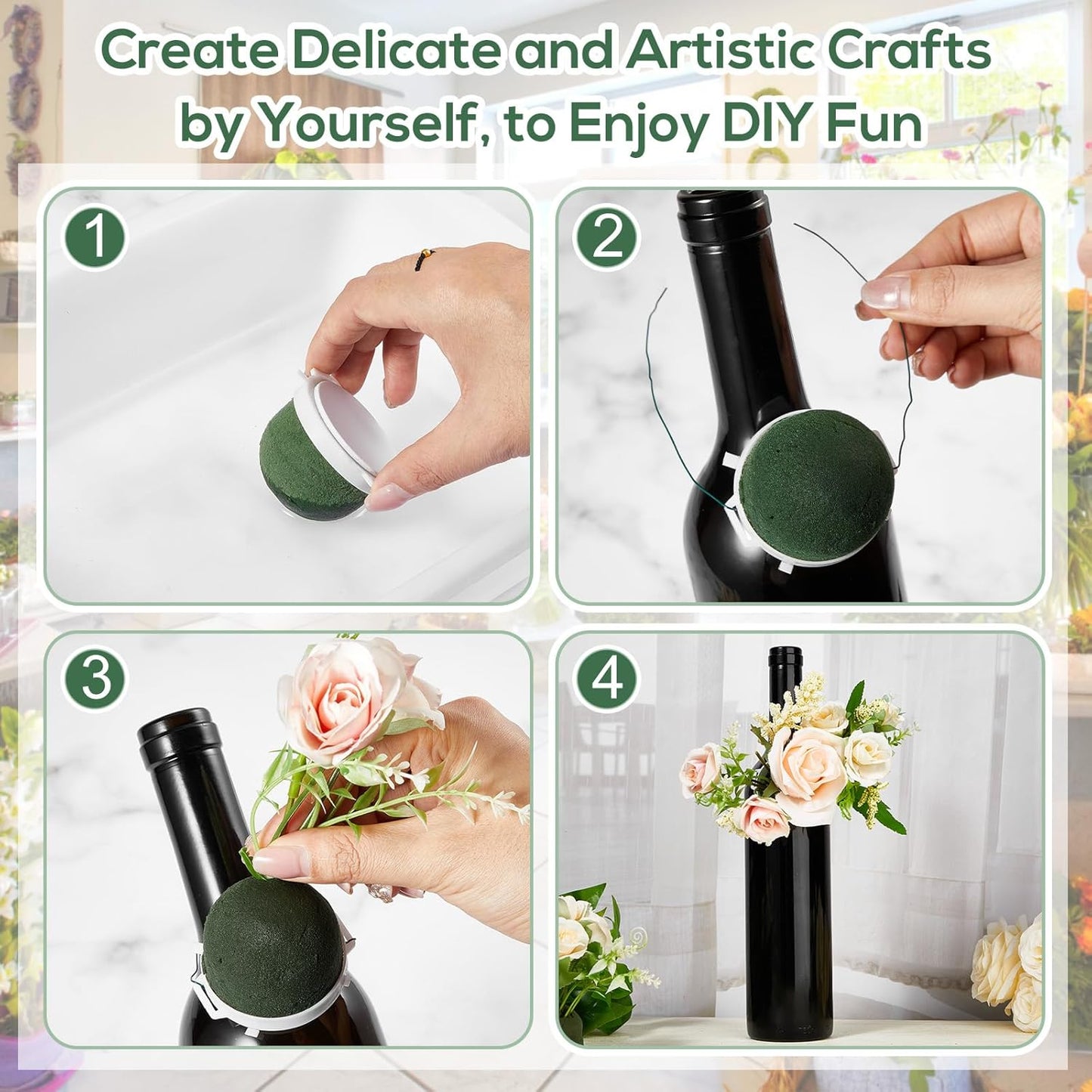 Tessco 24 Pcs Mini Floral Foam Holder Round Floral Foam with Green Arrangement Wire Arrangement Supplies for Table Wedding Wine Bottle Decor