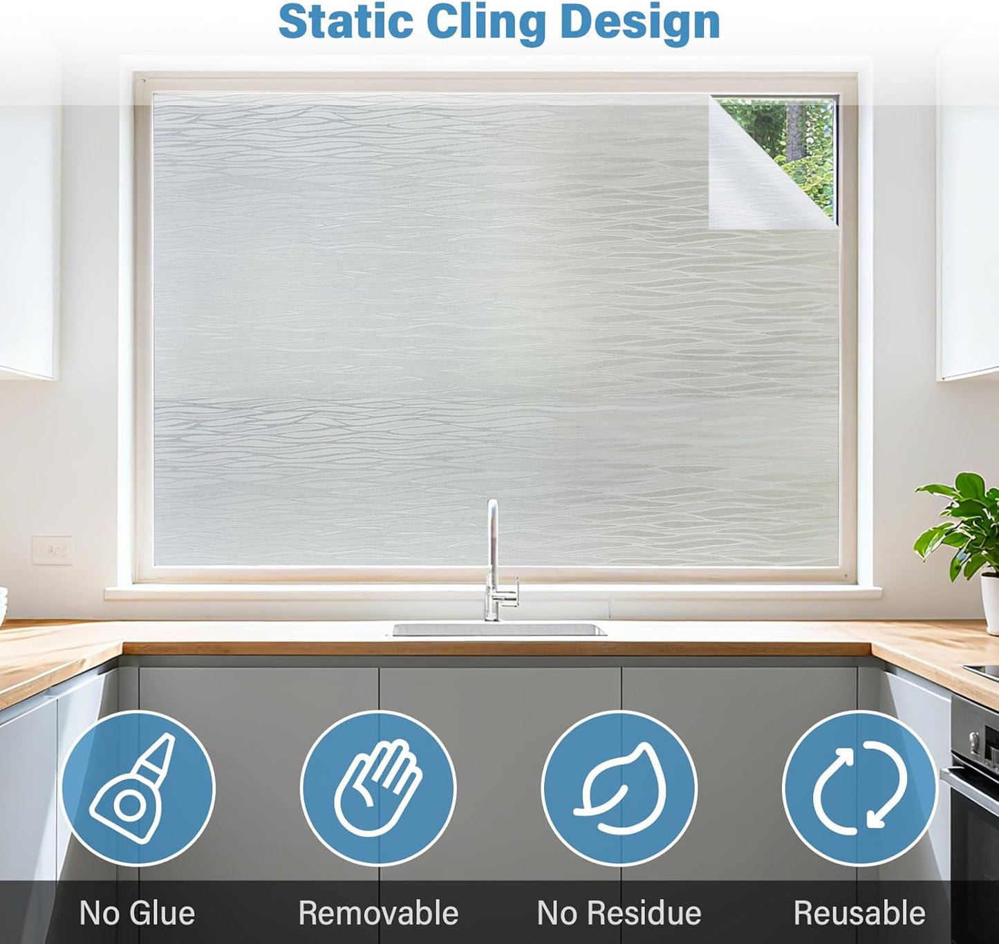 Finnez Frosted Privacy Window Film Static Cling, Non-Adhesive Decorative Cover for Glass Door & Windows, No Glue Removable Clings UV Blocking Waves Design for Home Office 23.6 x 78.7 Inches