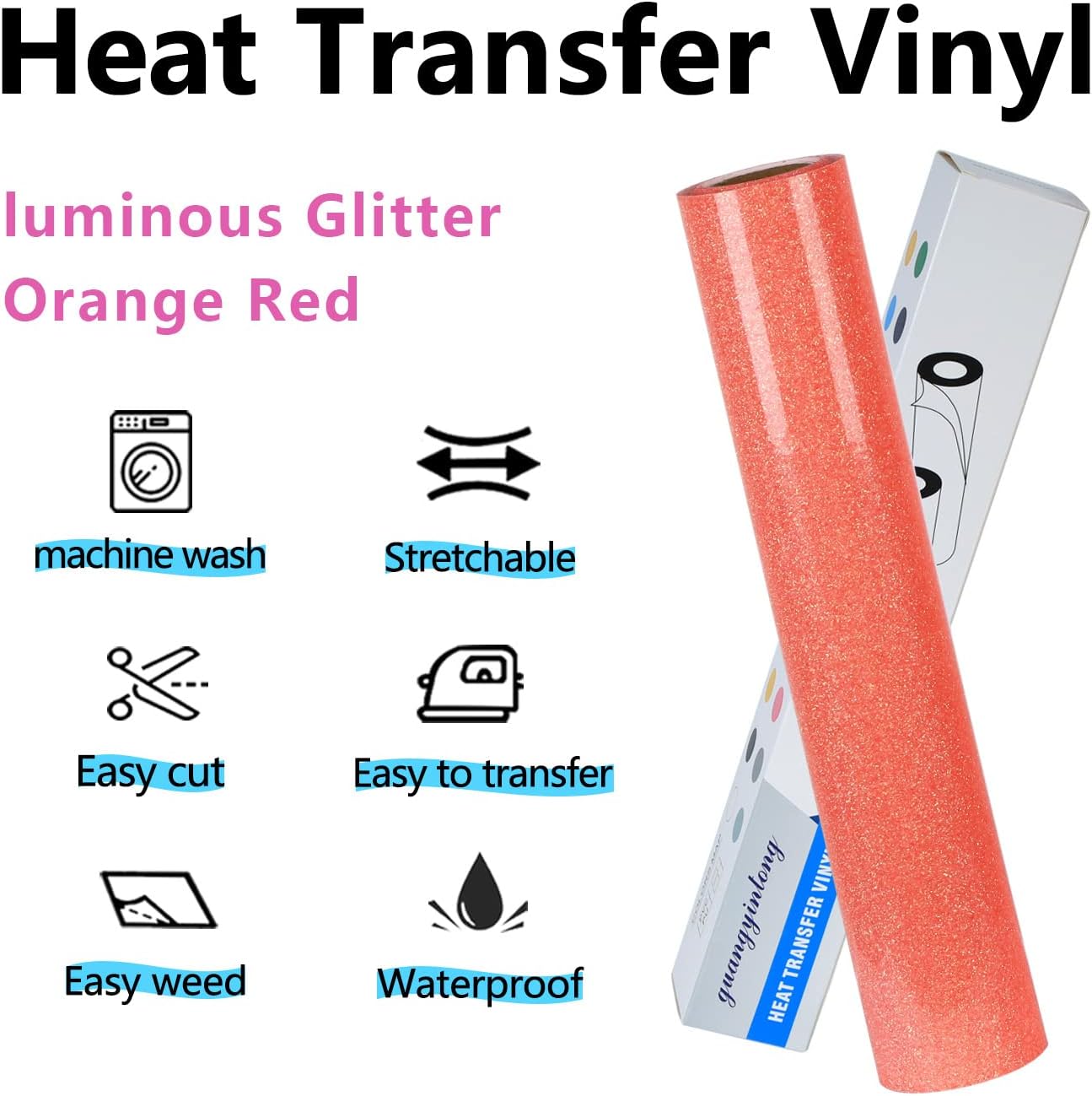 guangyintong Glow Glitter Orange Red Heat Transfer Vinyl HTV Rolls, 12" x 8ft Iron on Vinyl for T-Shirts, Glitter HTV Vinyl for All Cutter Machines Easy to Cut & Weed for DIY Design