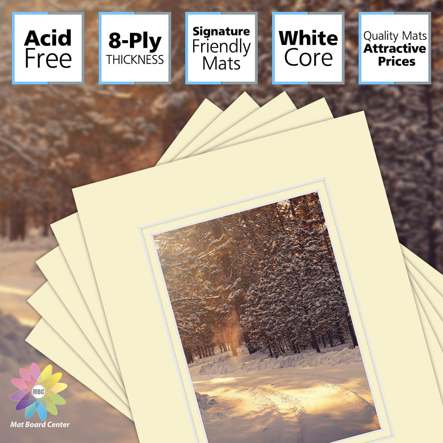 Mat Board Center, Double Mat - Acid Free, 8-ply Thickness, White Core - for Pictures, Photos, Framing (Ivory Over Ivory, 8x10 for 5x7, Pack of 5)