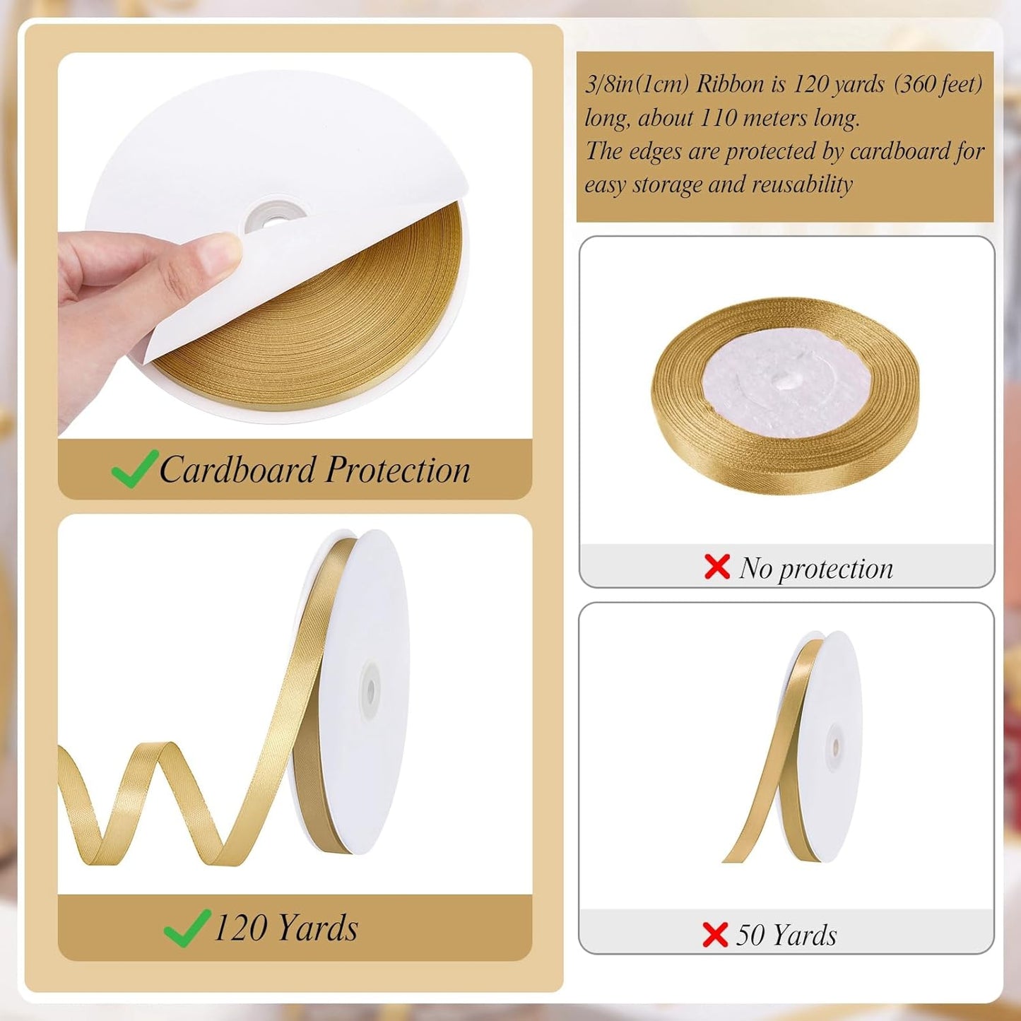 Gold Ribbon 3/8 Inch 120 Yards Thin Craft Christmas Satin Ribbon for Gift Wrapping Sewing Trim Cake Hair Bows Crafts Christmas Decorations