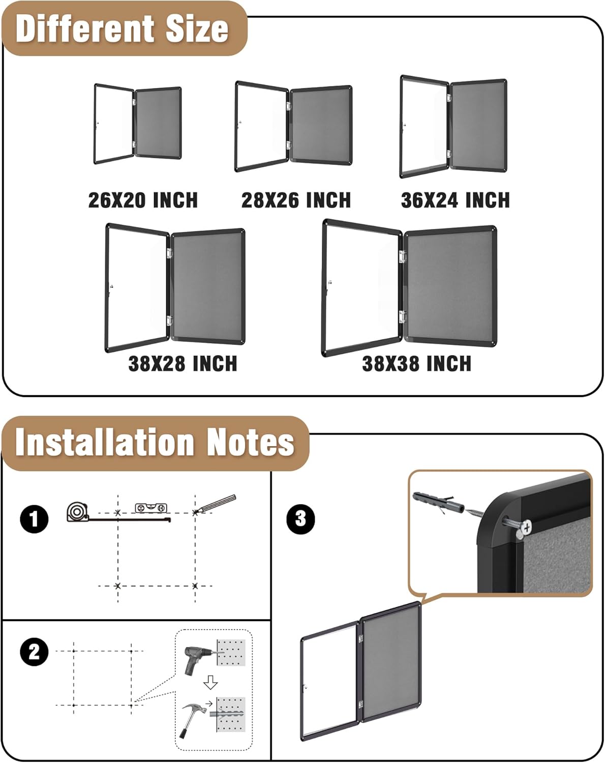 38"x28" Enclosed Bulletin Board, Lockable Weather-Resistant Aluminum Cork Noticeboard for Hospital School & Office, Black Frame w/Grey Flet